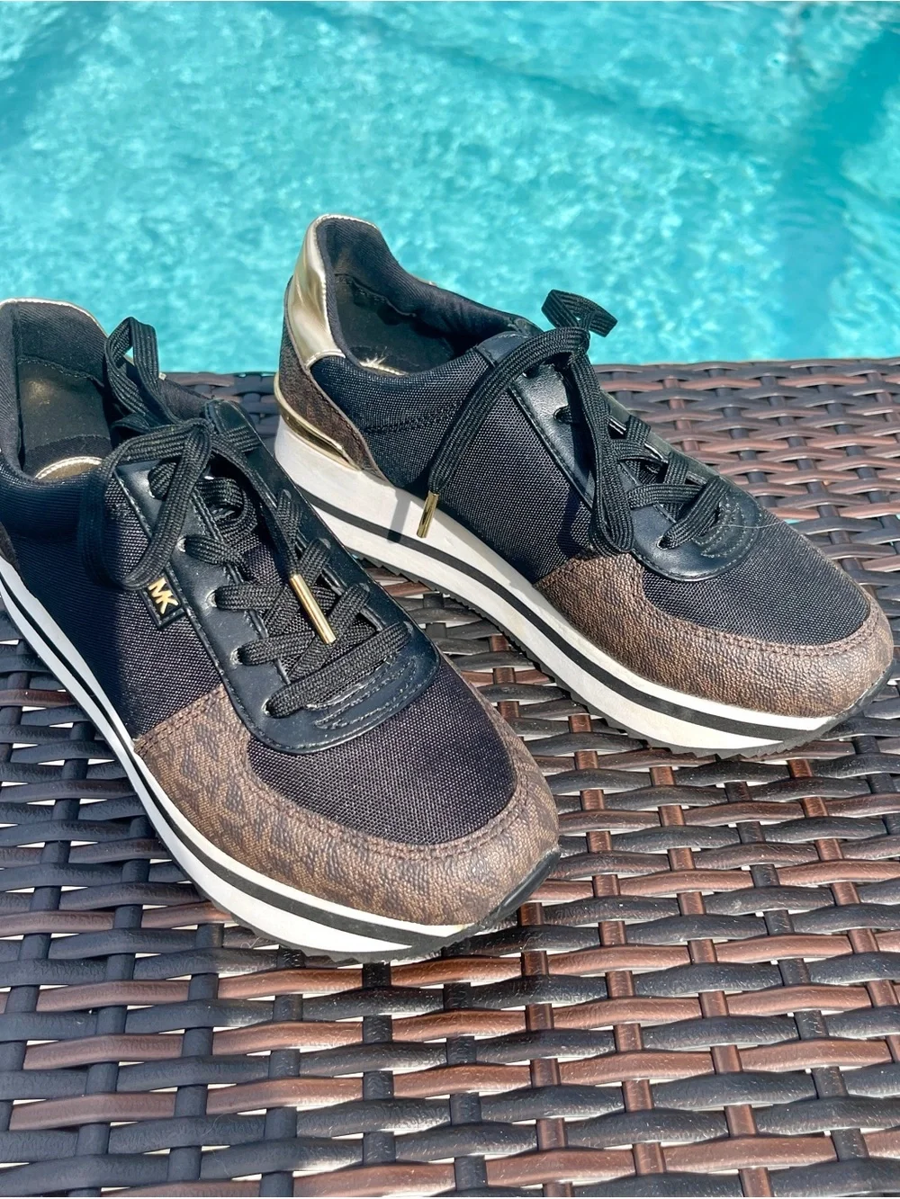 Michael Kors Black & Brown Platform Sneakers with Gold Accents - Size 6
